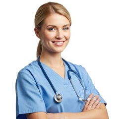 Smiling blonde female doctor or nurse in blue scrubs with stethoscope
