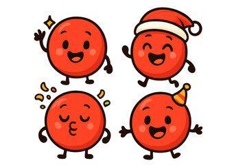 Fototapeta premium Red cartoon characters expressing emotions. Set of cute flat design mascots celebrating and waving with transparent background