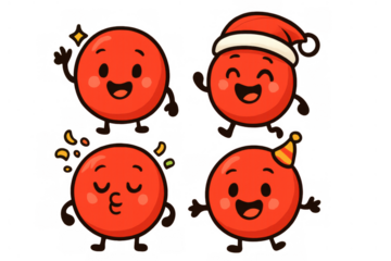 Red cartoon characters expressing emotions. Set of cute flat design mascots celebrating and waving with transparent background