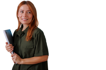 Young businesswoman smiling, holding laptop, looking away, planning future career, transparent background