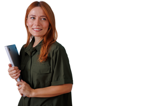 Young businesswoman smiling, holding laptop, looking away, planning future career, transparent background - Powered by Adobe
