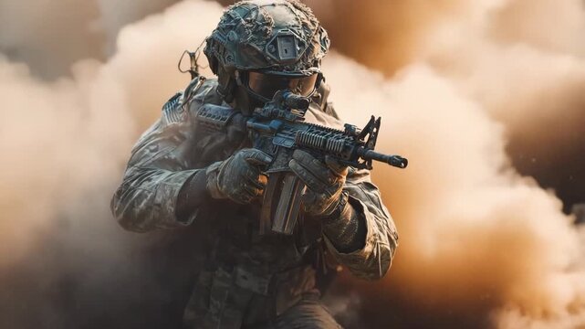 Generative AI. Soldier in tactical gear, navigating through dense smoke while holding a rifle, showcasing intense military action in a dynamic combat environment
