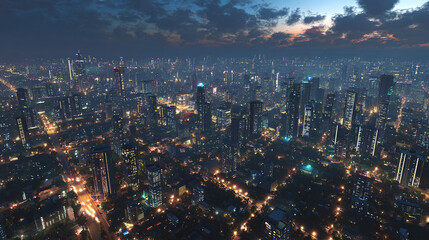 An aerial view of a sprawling metropolis under a dusky sky, with numerous skyscrapers and buildings illuminating the night