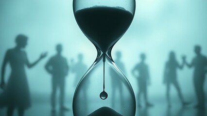 evanescence. An hourglass with liquid time dripping away, surrounded by faint ghostly silhouettes, symbolizing fleeting moments of life. wellbeing guides.