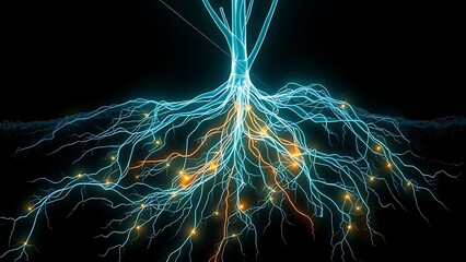mycorrhiza. An X-ray view of plant roots unveiling a hidden glowing network weaving through the soil. bar promotions, beverage menus, designed for food & beverage menus and cafe branding.