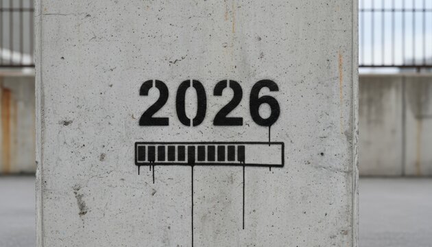 Concrete wall displaying a black stencil graffiti of the year 2026 above a loading progress bar, symbolizing the anticipation and countdown to the future and new beginnings