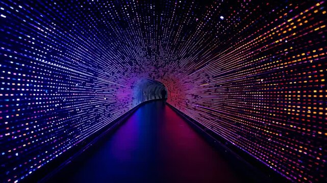 On play, camera gliding along walkway inside futuristic LED tunnel, showing LED panel gradients