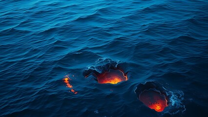 subsurface. Deep blue ocean waves with glowing cracks beneath the surface, hinting at volcanic activity. ESG reports, sustainability campaigns, designed for environmental awareness campaigns.