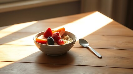 advantageous. A simple, wholesome breakfast on a sunlit wooden table with a beam of light illuminating a bowl of oats and fruit. menu design.