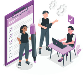 Team working on a checklist and project plan teamwork collaboration