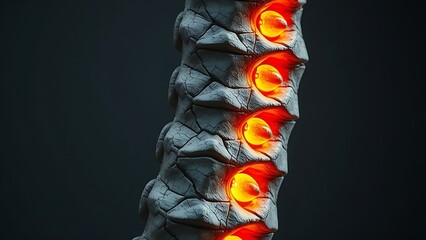 foremost. A sculptural representation of a human spine made of cracked stone with five points of intense pressure glowing warmly. wellbeing guides.