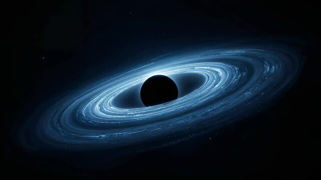 Light pulses causing black hole pulling plasma into glowing disk in outer space with stars drifting