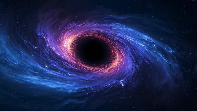 Orbiting accretion disk pulsing around black hole due to gravity, featuring plasma filaments, stars