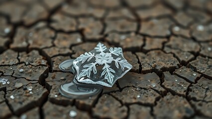 geophysics. Macro view of a single, delicate snowflake melting on dry, cracked earth, symbolizing climate fragility. ESG reports.
