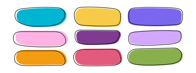 Fototapeta premium Set of colorful organic shapes in doodle style. Templates for textboxes, speech or quote bubbles, message or dialogue balloons, tags or labels isolated on white background. Vector flat illustration.