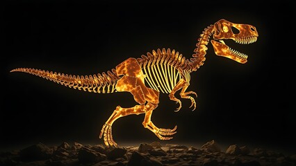 rearranged. Fossilized bone fragments suspended as glowing puzzle pieces forming an unknown dinosaur silhouette. wildlife magazines.