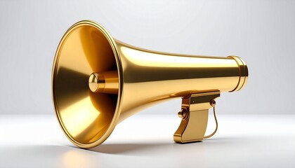Polished gold-colored megaphone with realistic handle and flared bell on neutral gray background, evoking prestige, amplified voice, and symbolic power of communication.