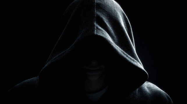 A mysterious person shrouded in shadows, wearing a hooded sweatshirt, with only the face visible. The lighting creates a dramatic and enigmatic atmosphere