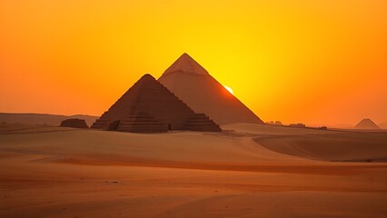 ziggurat. Desert landscape at sunset, stepped pyramid silhouette against orange sky. inspiring travel planning, ESG reports, designed for environmental awareness campaigns, drives climate awareness.
