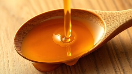 oligarchy. Golden honey dripping from a wooden spoon against a natural wood background. menu design, packaging mockups, designed for culinary blogs and recipe cards for restaurants.