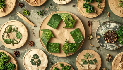 Beige plates arranged with green recycling symbols made from leaves and herbs, evoking eco-conscious design, natural sustainability, and symbolic renewal.
