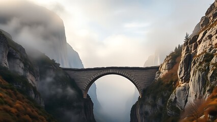 cosmopolitanism. Natural stone arch bridge connecting mountain peaks in morning mist. real-estate listings, architecture portfolios, designed for interior renovation comparisons for interiors.