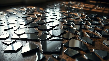 superego. Broken mirror pieces scattered on floor reflecting distorted surfaces. wellbeing guides, coaching materials, designed for coaching and self-improvement content, clarifies learning.