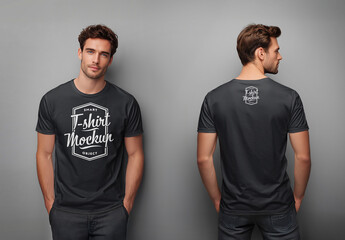 Front and Back Views of A Man Wearing A Black T-shirt Mockup 
