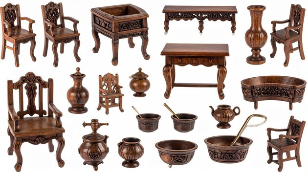 Miniature wooden furniture and decor items with intricate carvings, including chairs, tables, vases, and bowls, arranged together to evoke artisanal craftsmanship, traditional elegance, and collectibl