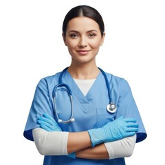 Smiling female medical professional in blue scrubs and gloves