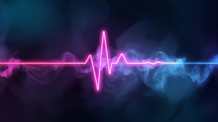 Opening neon animation cycling pink spike and blue glow in dark space with smoke echoing heartbeat - Powered by Adobe