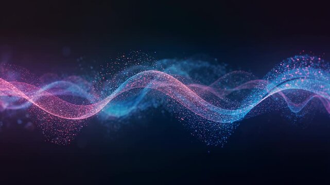Emerging ribbon of pink-blue particles oscillating across digital void, shimmering wave motion - Powered by Adobe