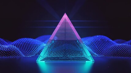 Pulsing blue point-cloud waveform lighting glass neon pyramid in dark space, emitting upward lasers - Powered by Adobe