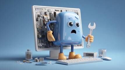Funny computer character fixing itself with a wrench, digital repair concept