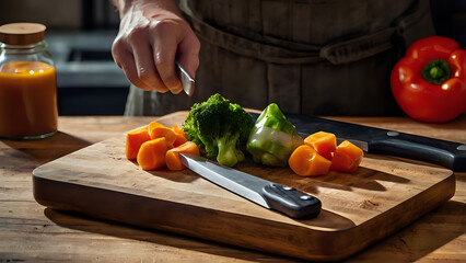 woman cutting vegetables, carrots on a wooden table, vegetables on a wooden board, still life with vegetables and fruits, vegetables on the table, still life with vegetables