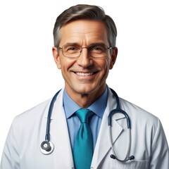 Friendly mature male doctor smiling in lab coat with stethoscope