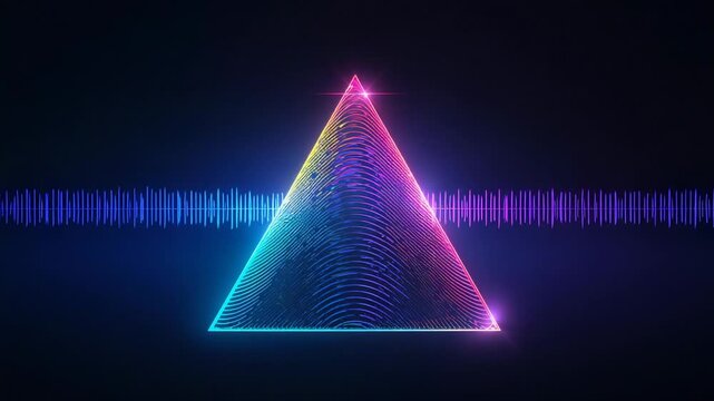 Pulsing neon gradient wireframe triangle glowing in void, syncing horizontal audio waveform pulses