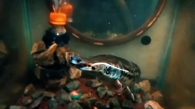Predatory fish eating lizard in aquarium
