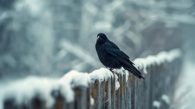 After focusing, perching crow tilting head to listen, cawing on fence in winter forest, copy space