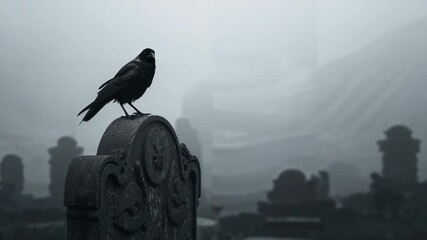 Drifting fog showing ornate curved-top headstone, crow shifting weight and surveying cemetery - Powered by Adobe