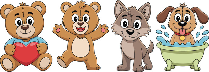 Cute cartoon animals collection, teddy bear, wolf, and dog characters, adorable pets, heart, bath time, vector illustration, kids design, mascot art