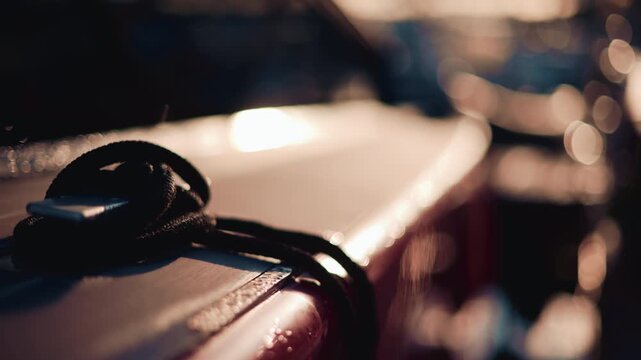 Close up of a boat deck during sunset, with a focus on a black rope coiled on the surface