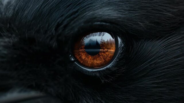 Gazing amber wolf eye by lake showing trees and peaks, blinking at 3 seconds restoring reflection