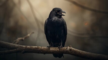 Cawing black crow raising head and scanning deadwood branch in smoky forest, with drifting embers - Powered by Adobe