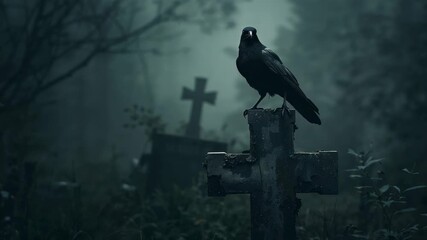 Landing black crow tilting head, scanning foggy graveyard from atop stone cross, with tombstones - Powered by Adobe
