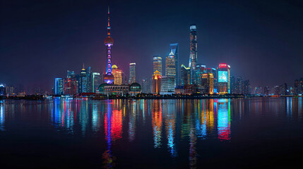 A mesmerizing nightscape of a modern metropolis, its lights mirrored in the tranquil waters below. Skyscrapers pierce the sky, creating a breathtaking skyline.