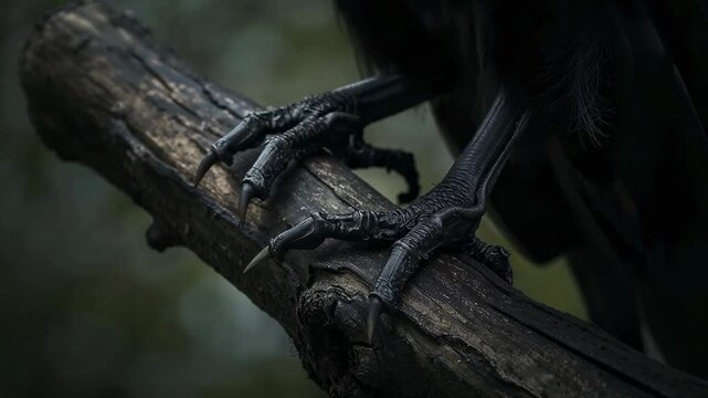 Weight shifting causing black bird talons adjusting grip maintaining balance on branch in forest