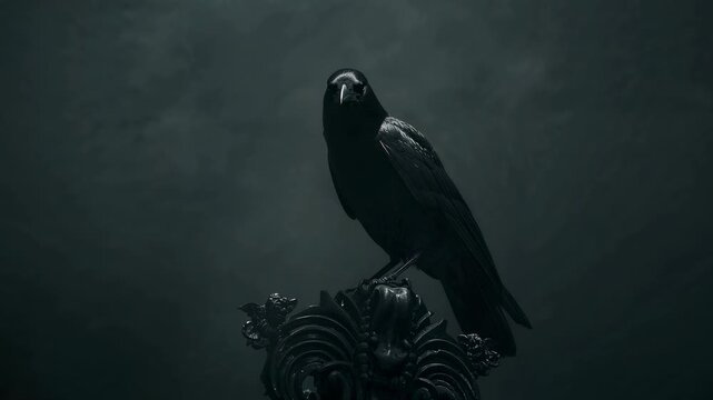 At two secs crow turning head toward camera, perching atop ornate finial on dark backdrop