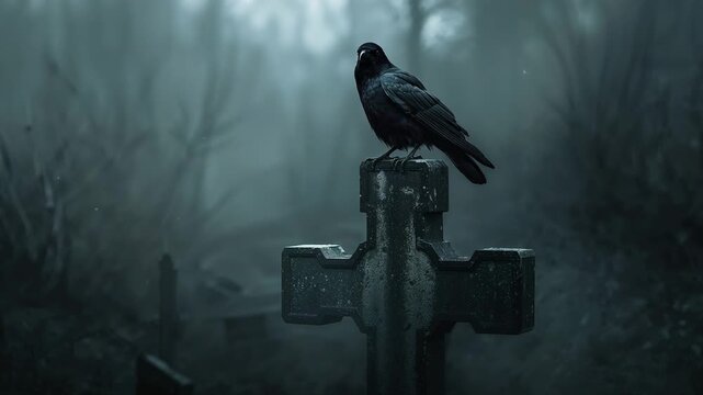 Fog lifting, revealing black crow scanning cross-shaped gravestone at cemetery, with gnarled trees