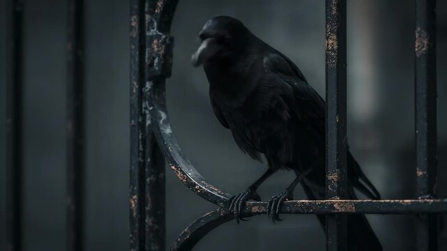 Catching light, black crow lifting head scanning garden on rusted iron fence, with feather detail